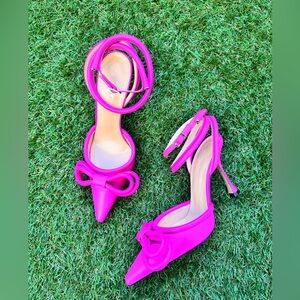 Mach & Mach Double Bow Hot Pink Fuchsia Leather Pointed Toe Heels Shoes 36.5